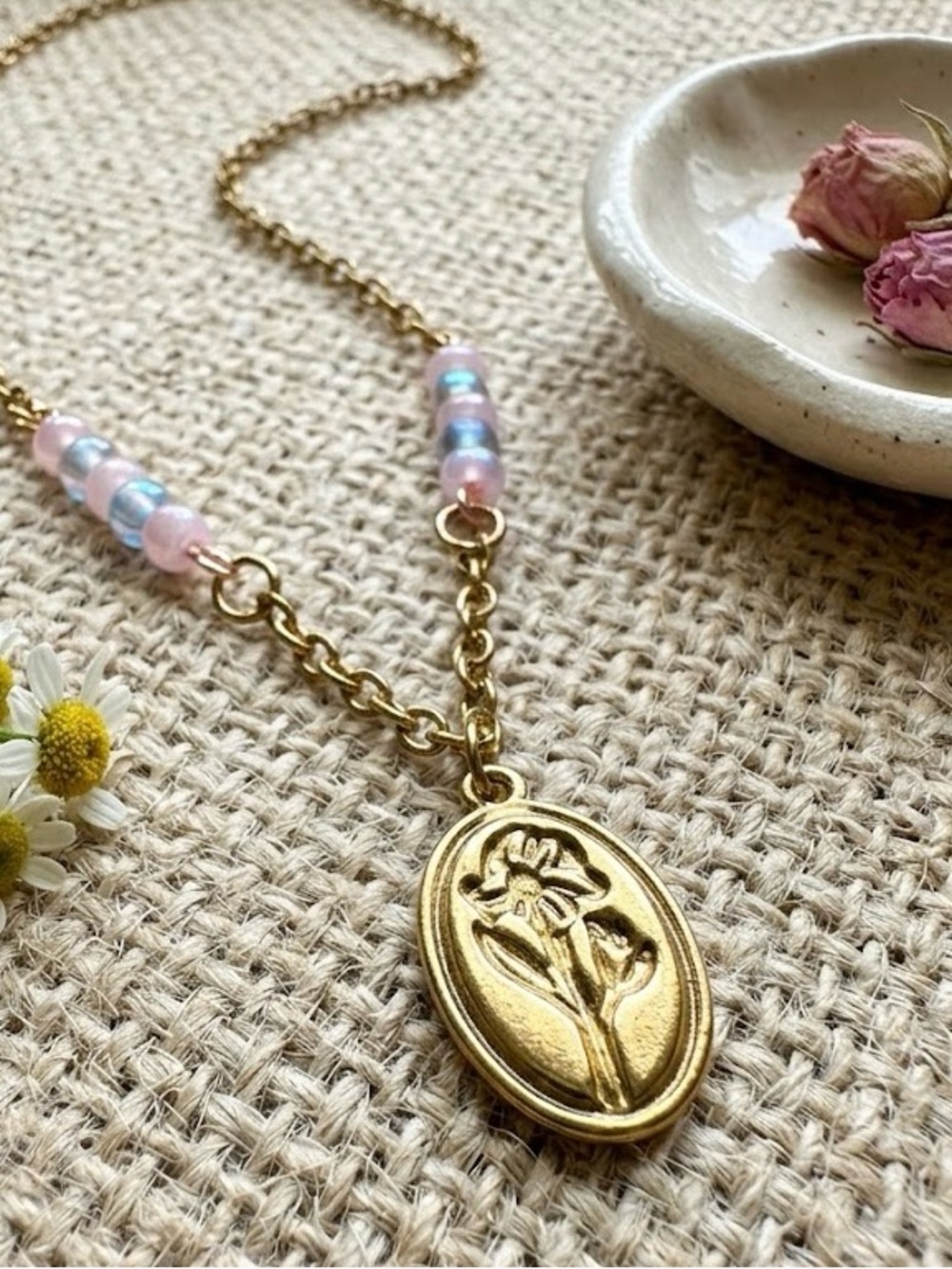Gold Floral Oval Pendant Necklace with Pink Bead Accents